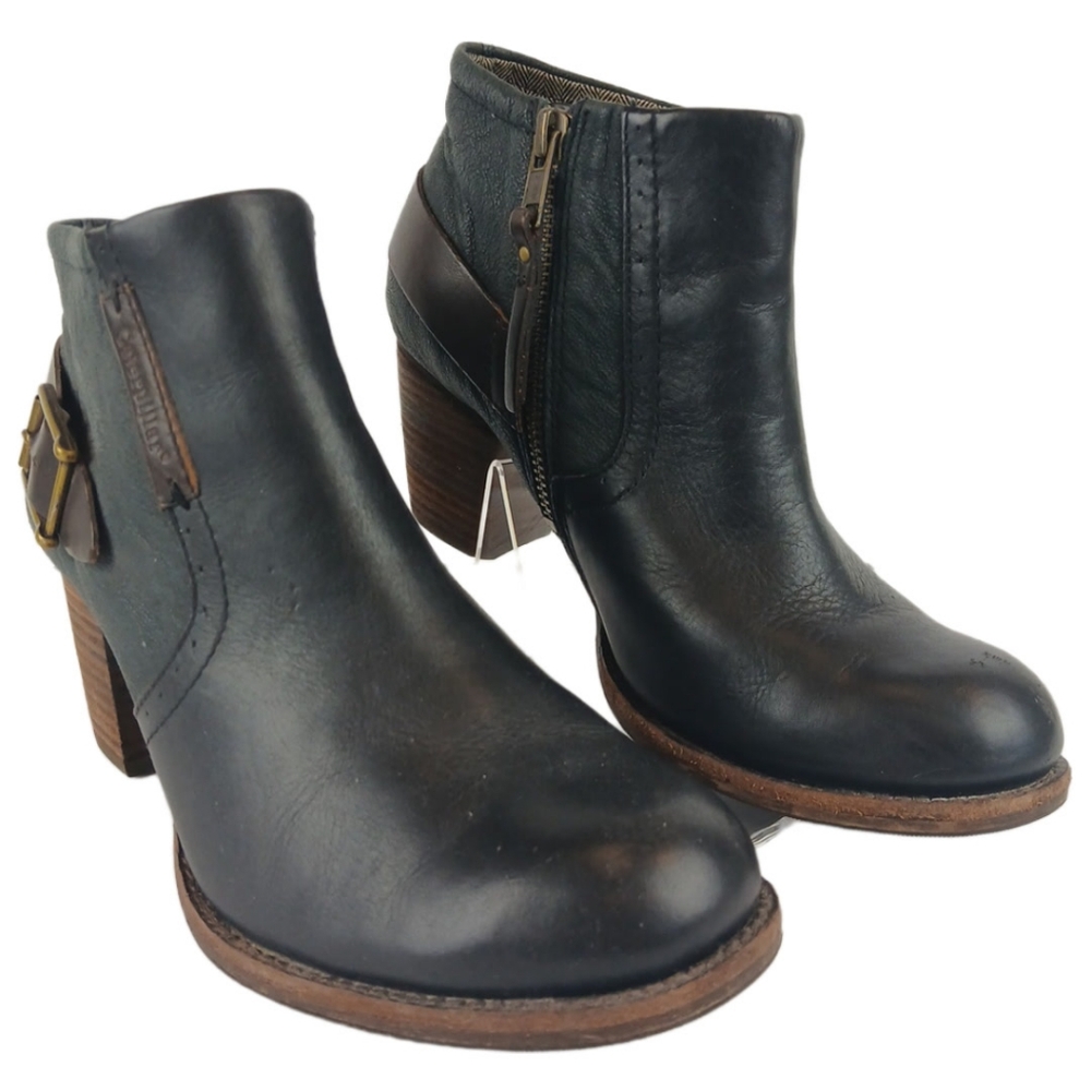 CAT Caterpillar 6.5 Black Brown Annette Ankle Boots Buckled Leather Booties Heel